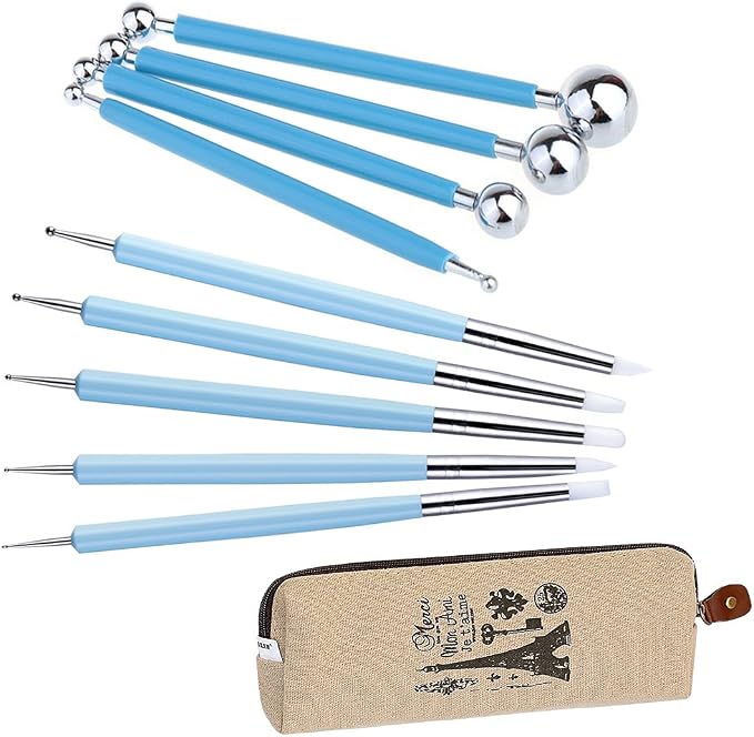 Ecjiuyi 9PCS Sculpting Tools,4PCS Double-Ended Metal Ceramic Clay Ball Stylus Dotting Tools and 5PCS 2 Way Silicone Polymer and Embossing Paper Flower Indentation Tool Set