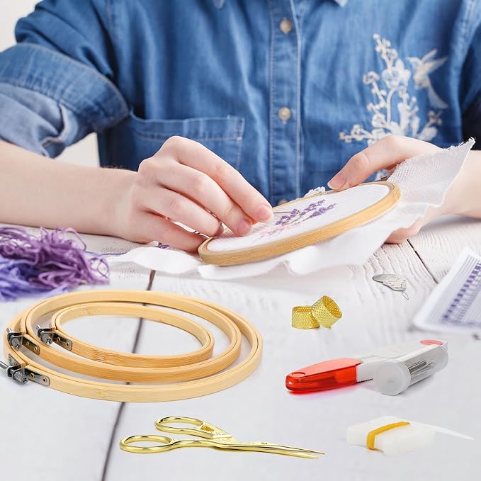 Mudder 53 Pcs Cross Stitch Kit with Embroidery Hoop Bamboo Needles,Red | Bamboo Hoop Rings Scissors Threading Tool Thimbles Bobbins Seam Ripper for Cross Stitch Embroidery Starter Projects