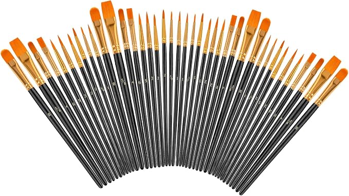 Soucolor 40-Pc Round Tip Paint Brushes, Acrylic Oil Watercolor, Black | 40pcs, 10 sizes, soft nylon bristles, nickel ferrules, blue wood handles — great for acrylic, oil, face, nail & rock art.