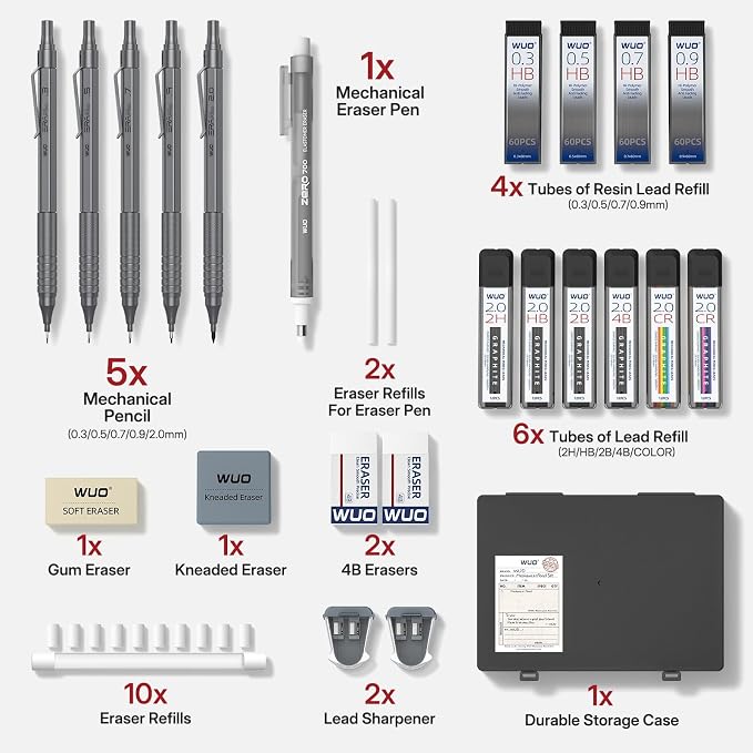 WUO Mechanical Pencil Set, 5 Pack Drafting Pencils 0.3/0.5/0.7/0.9/2.0mm