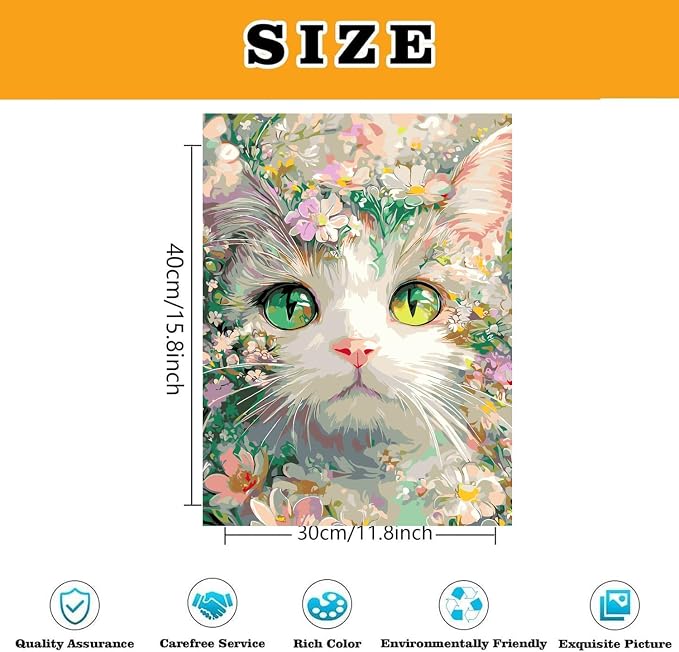 Cat Floral Paint by Numbers Kit for Adults Framed Canvas, Frameworkless