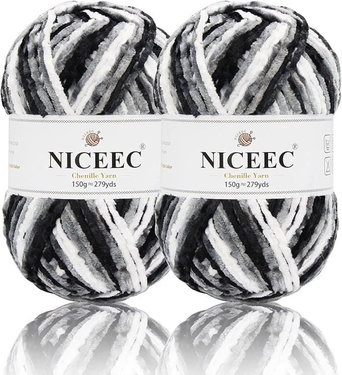 NICEEC 2 Skeins Soft Chenille Yarn 2x255m(2x279yds,3x150g)_Black White Gray