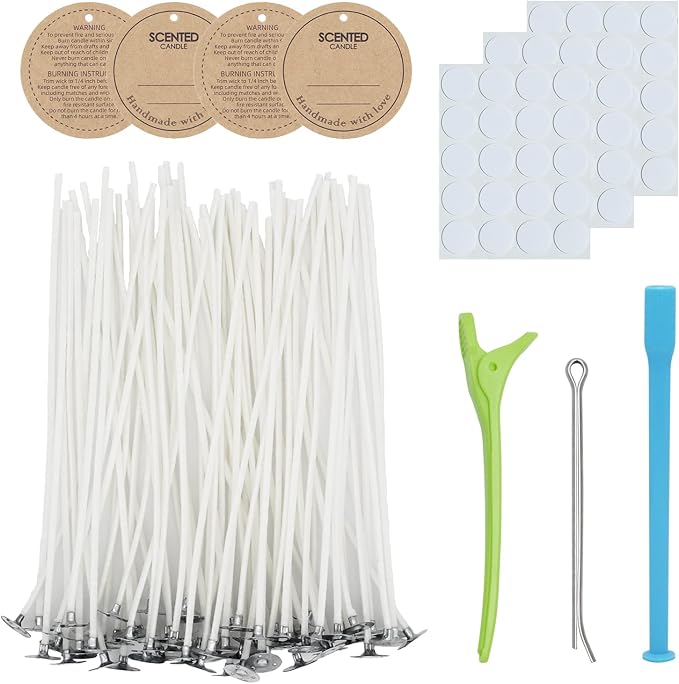 CandMak Candle Wick Kit - 60 Cotton Wicks with Candle Making Tools (Thin 4"+6"+8")