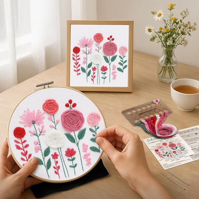 Nuberlic Floral Embroidery Kit for Beginners Adults | Easy Embroidery Kits for Adults Starter Cross Stitch Kit DIY Needlepoint with Step-by-Step Instruction,Gifts and Home Decor