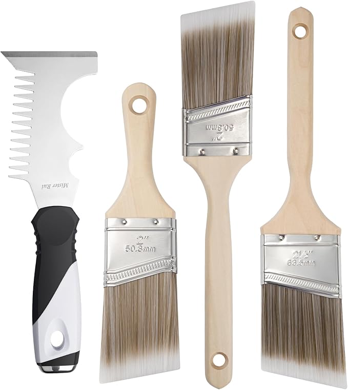 Mister Rui Angled Paint Brush 4 Pieces Set, with Paint Brush Comb Cleaner | Synthetic Paint Brush Roller Cleaner Tool 2" Short & Long Handle Paint Sash Brush for Commercial Grade Trim, Cabinet