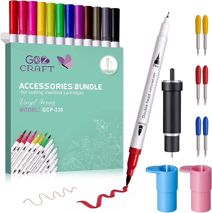 GO2CRAFT Accessories Bundle for Cricut Makers and All Explore Air | 21Pcs Perfect Draw Then Cut Tools, Deep Cut Housing, Replacement Cutting Blades, 12 Colors Dual Tip Pens, Pens Adapters