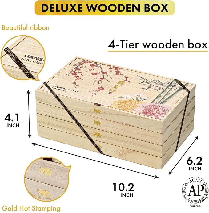 Kuretake Gansai Tambi Watercolor Paint Set, 100 Colors, Wooden Box, Japan | All 100 colors, wooden gift box, includes Starry, Iridescent & Sumi colors, Professional Use, Artist Grade