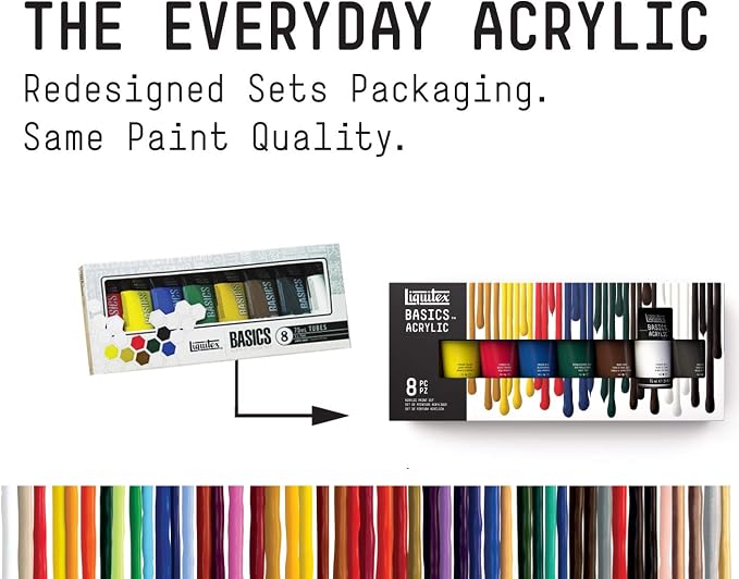 Liquitex BASICS Acrylic Paint Set, 8 x 75ml (2.4-oz) Tube Paint Set | Medium Viscosity, Satin Finish, Lightfast, Fine Art Pigments, Range of Opacities, Easy Blending