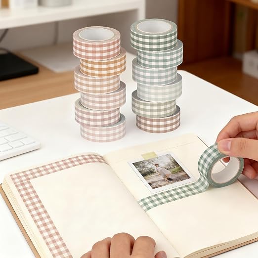 12 Rolls Floral Washi Tape Set,Boho,Gingham Plaid | Watercolor Flowers Design for Scrapbook Journal DIY Craft School Supplies, 15 mm Vintage Decorative Masking Washi Tapes