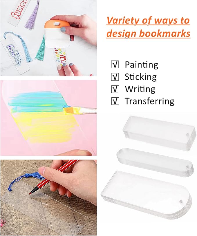 30Pcs Clear Acrylic Bookmark Blanks with Tassels, 3 Shapes DIY Craft Kit | 30Sets Bookmark Making Kits, Smooth Edge Clear Acrylic Blanks, Different Color Tassels,for DIY Book Marks Tags Handmade Gifts