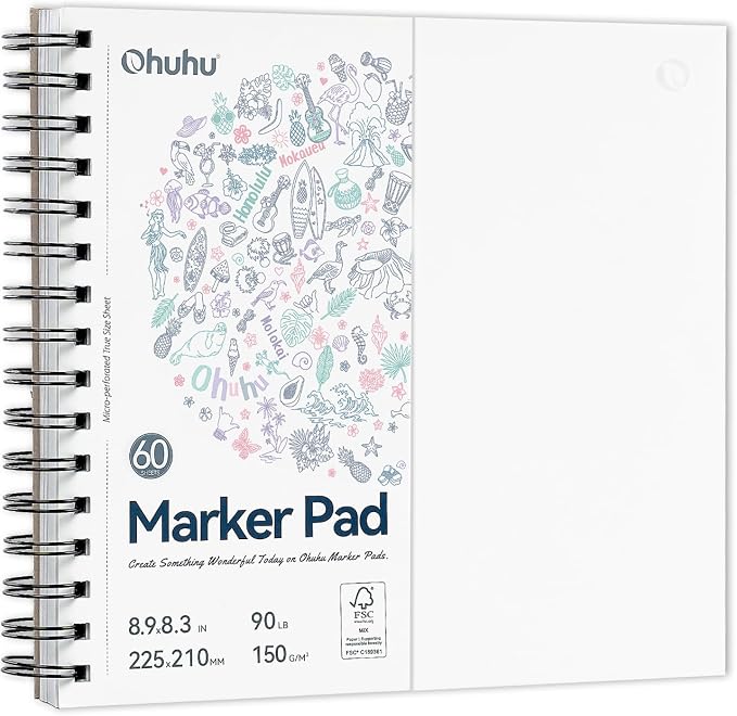 Ohuhu 8.3"x8.3" Double-Sided Bleedproof Marker Pad Art Sketchbook 60 Sheets | Square Sketch Book - 90 LB/150 GSM Smooth Drawing Paper - 60 Sheets/120 Pages - Spiral-Bound Sketch Pad for Alcohol Markers