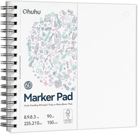 Ohuhu 8.3"x8.3" Double-Sided Bleedproof Marker Pad Art Sketchbook 60 Sheets | Square Sketch Book - 90 LB/150 GSM Smooth Drawing Paper - 60 Sheets/120 Pages - Spiral-Bound Sketch Pad for Alcohol Markers