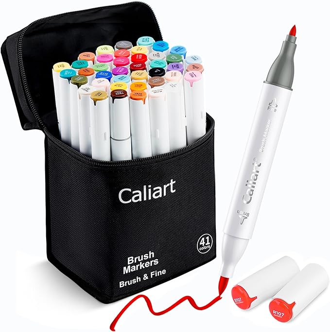Caliart Alcohol Markers 41 Colors Brush & Fine Dual Tip Art Markers Pen Set | Sketch Drawing Colored Markers for Adult Artists Illustration Highlighting, Permanent Pens with Portable Carry Art Supplies