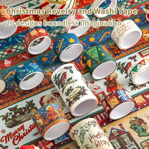 icceemee Christmas Theme Washi Tape Set, 20 Rolls Christmas Theme Washi TapeWritable Decorative Tapes for Scrapbooking, Junk Journal Supplies, Bullet Journaling, 0.6"x79" per Roll