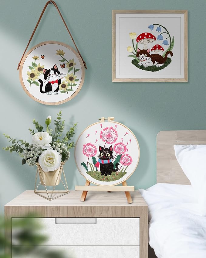 TINDTOP Embroidery Kit for Adults, Cat Embroidery Practice Kit | for Beginners Include Embroidery Cloth Hoops Threads for Craft Lover Hand Stitch with Embroidery Skill Techniques