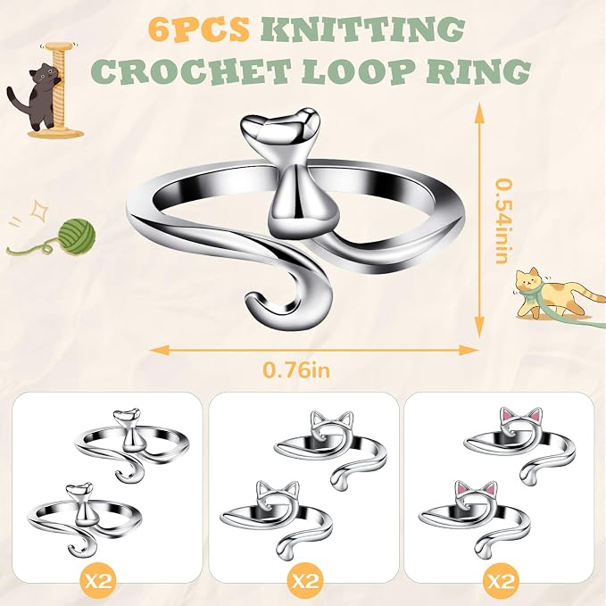 6Pcs Knitting Crochet Tension Ring for Fingers with Box | Metal Open Crochet Ring, Adjusts for Finger Tension, Speeds Up Braided Knitting Work, Ideal Gifts for Mom Grandma Crocheters