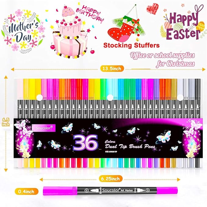 Soucolor 36 Dual Tip Brush Markers, Water-Based Art Pens, Adult Coloring | 36 Color Dual Tip Markers with Brush & Fine Point for Adult Coloring Books, Hand Lettering, Journaling & Drawing Pens