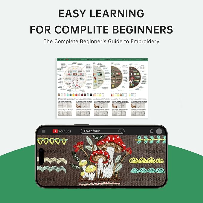 CYANFOUR Embroidery Kit for Beginners with Step-By-Step Guidance & Videos | 4 Stages to Learn 38 Stitches, Includes Multiple Accessories, Gift for Craft Lovers