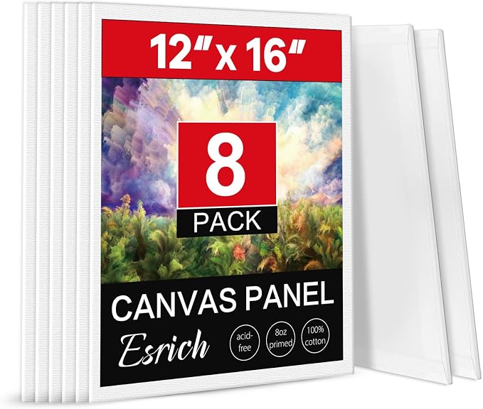 ESRICH Canvas Boards for Painting 12x16 Inch, 8 Pack Canvases for Painting Cotton Primed Acid Free Large Blank Canvas Panels for Oil Paint, Watercolor, Acrylic Paint, Gouache and Tempera.