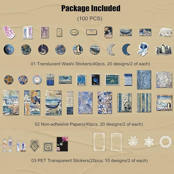 Esweny 100 PCS Vintage Ephemera Pack Journaling Scrapbooking Supplies Scrapbook Sticker Paper Kit for Junk Journal Planners Collage Craft Notebooks Decoupage Album (Ocean)