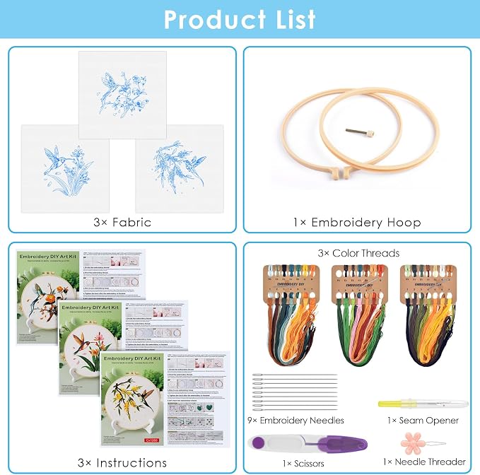 ERKOON 3 Sets Embroidery Kit, Hummingbird Cross Stitch Set for Include Embroidery Cloth Hoops Threads for Craft Lover Hand Stitch (Hummingbird)