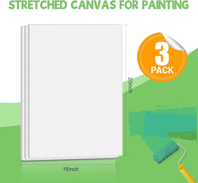 ESRICH Stretched Canvas for Painting 16x20 Inch, 3Pack Large Canvas for Painting, Triple Primed Acid-Free Cotton Blank Canvases for Oil, Acrylic, Watercolor & Gouache for Paint Parties, Art Classes