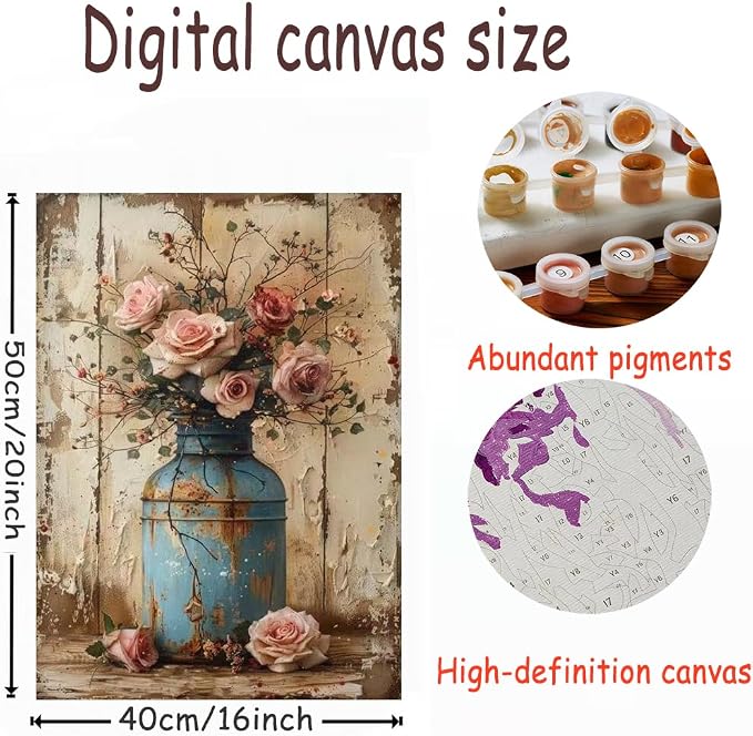 OJTOYART Paint by Numbers Kit for Adults, Rose Vase Painting by Numbers for Beginner, Retro Oil Painting Kits Adults' Paint-by-Number Kits for Home Wall Decor 16 x 20 Inch