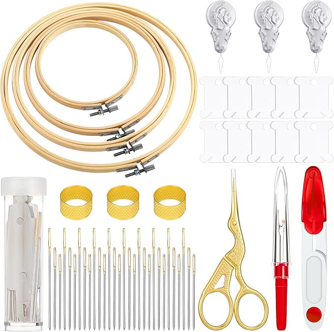 Mudder 53 Pcs Cross Stitch Kit with Embroidery Hoop Bamboo Needles,Red | Bamboo Hoop Rings Scissors Threading Tool Thimbles Bobbins Seam Ripper for Cross Stitch Embroidery Starter Projects