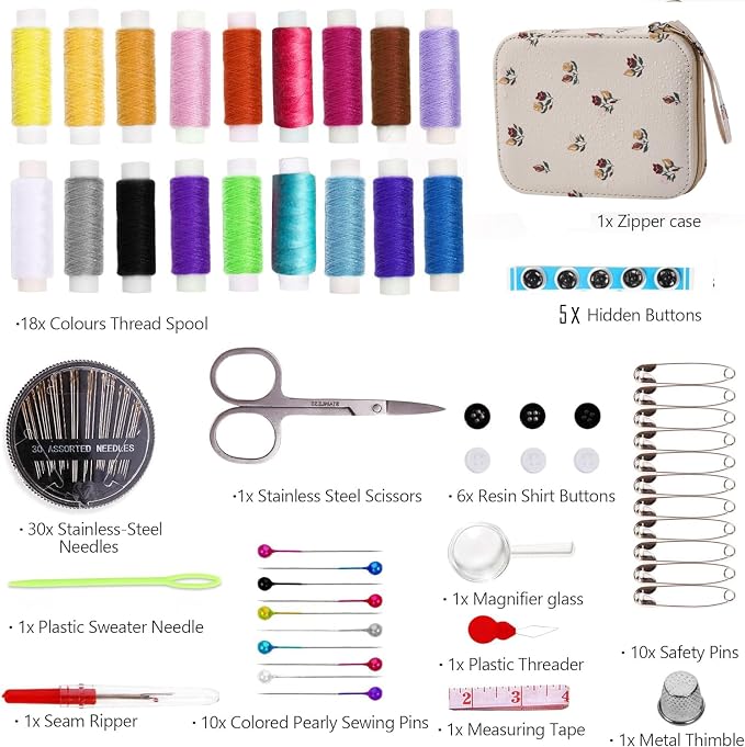 Floral Sewing Kit Printing Sewing Project Kits,Professional Sewing Supplies for Adults, Zipper Sewing Needles Set, 87 PCS Travel Sewing Accessory for Emergency, Home