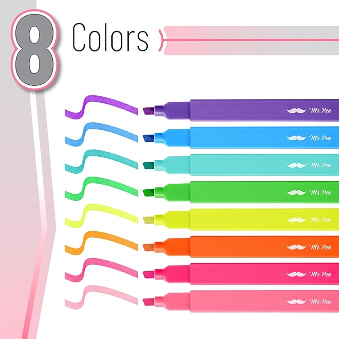 Mr. Pen- Aesthetic Highlighters No Bleed, 8 Pack, Assorted Colors | Chisel Tip, Cute Highlighters Assorted Colors for Journaling, Highlighting, Underlining, Fast Dry, Back to School Supplies
