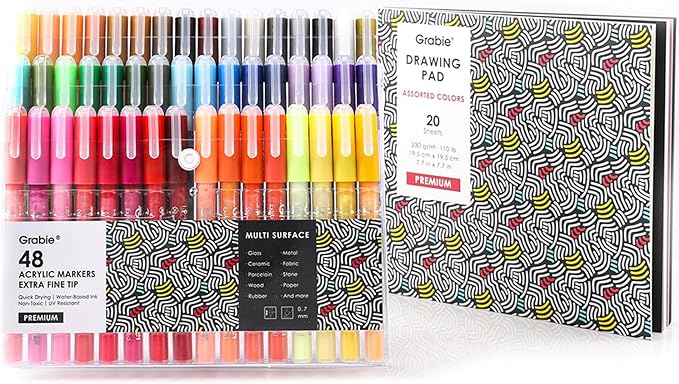 Grabie Pack of 48 Color Acrylic Paint Markers, 0.7mm Extra Fine Tip Pens