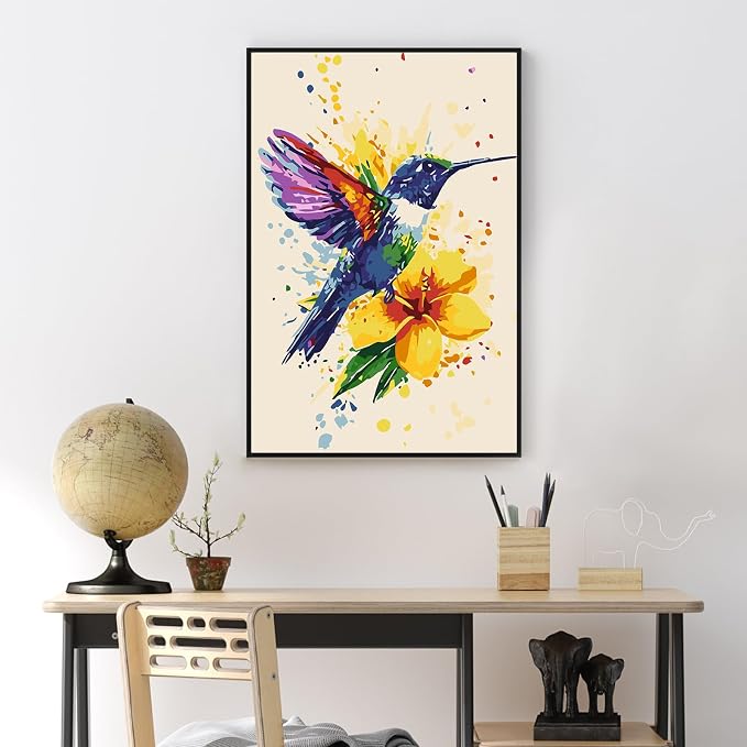 Framed Paint by Numbers Kit for Adults Beginner & Kids Ages 8-12, Hummingbird Paint by Numbers With Frame, DIY Watercolor Number Painting for Adults Hummingbird for Home Wall Decor Gift 8x 12 inch | For Adults Beginner & Kids Ages 8-12, With Frame Canv...