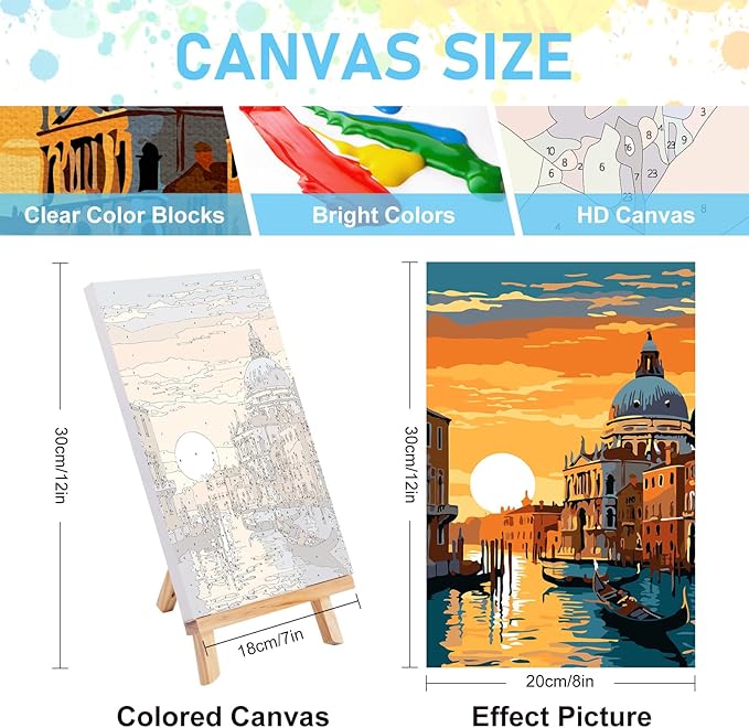 4 Pack Framed Paint by Numbers Kit for Adults with Wooden Easel, 8x12 Inch | Travel Cityscape, Easy DIY Acrylic Canvas Craft Kit with Frame for Beginners, Home Decor, Stress Relief Relaxing Hobby Gift