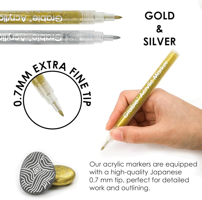 Grabie 0.7 mm Acrylic Paint Markers, Pack of 6 gold & silver Pens