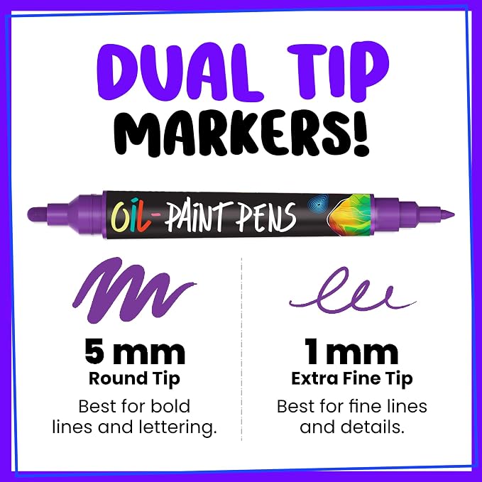 Chalkola 20 Oil Paint Pens - Oil Based Paint Markers for Metal, Wood, Glass | Waterproof & Permanent Oil Markers for Fabric, Ceramic, Rocks, Plastic Surfaces, Steel - 1mm Fine + 5mm Dual Tip Paint Pens