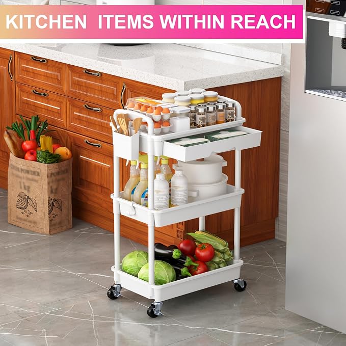 Goovilla 3 Tier Rolling Utility Cart Organizer with Removable Drawer, White | Stable and Sturdy Rolling Storage Carts with 2 Lockable Wheels for Bathroom, Kitchen, Snack, Craft, Makeup, Baby Essentials