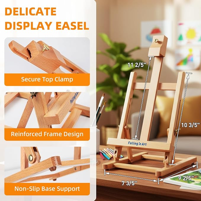 Falling in Art Kids Tabletop Easel Set, Portable Art Easel Painting Kits | 52 Pcs Wooden Easel for Painting Canvases, Including 12 Colors Acrylic Paints, 10 Paintbrushes and 4 Canvas Panels, Yellow
