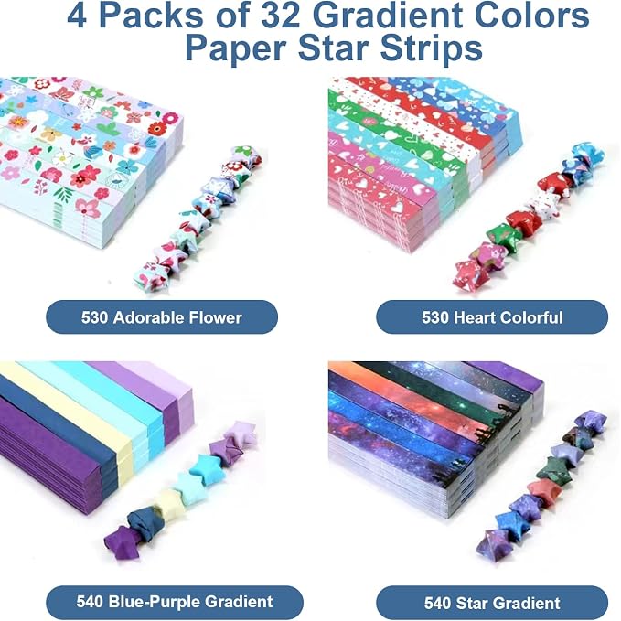 2140 Sheets Stars Paper Strips, 4 Packs Double Side Origami Star Paper, Lucky Star Strips Star Origami Paper for Kids DIY School/ Hand Craft