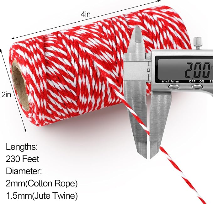 4 Rolls Natural Jute Twine, Red, Green & White - 70m/Roll