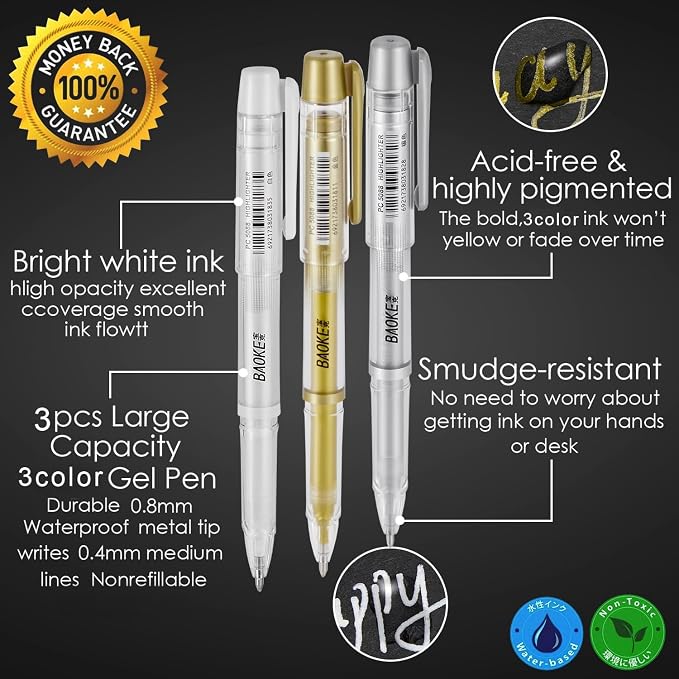 Qionew 3 Colors Gel Pen Set-Gold Silver and White Gel Pens,1mm Gel Ink Pen