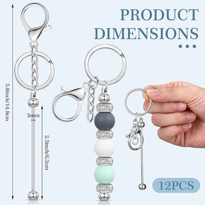 Tondiamo 12 Pcs Beadable Keychains Bars Bulk Blank Beaded Metal Keychain for Craft DIY Gift