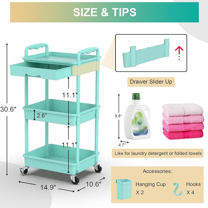 Goovilla 3 Tier Rolling Utility Cart Organizer with Removable Drawer, Blue | Stable and Sturdy Rolling Storage Carts with 2 Lockable Wheels for Bathroom, Kitchen, Snack, Craft, Makeup, Baby Essentials
