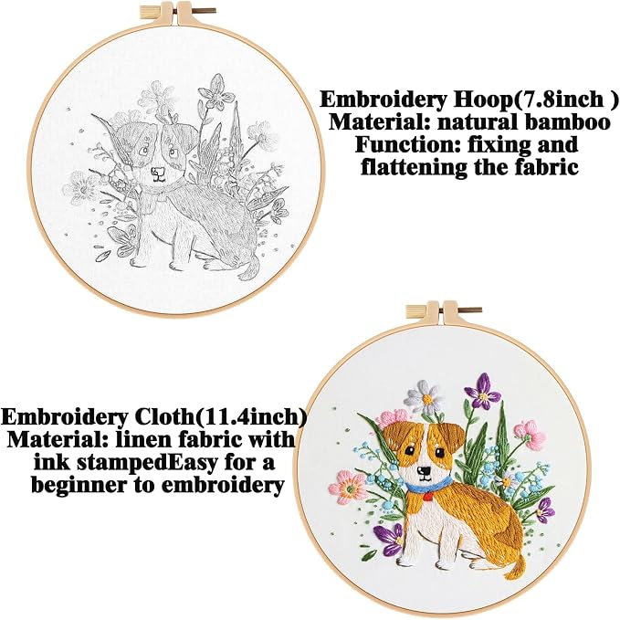 GLTAYLMY Dogs Embroidery Kit for Beginners with Pattern and Instructions,3 Pack Cross Stitch Kits,1 Plastic Embroidery Hoops,Threads and Needles,Needlepoint Kit for Adults