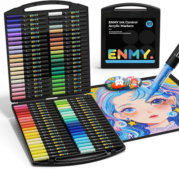 80 Colors Acrylic Paint Markers, Direct Liquid Acrylic Paint Marker Pen, Fabric Markers for Textile, Canvas, Rock, Glass, Wood, Paper, DIY, Acrylic Coloring Pens for DIY Craft Supplies