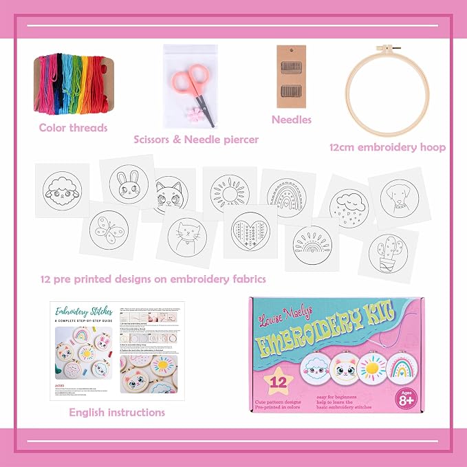 Louise Maelys 12 Pre-Stamped Embroidery Kits for Beginners, Kids Girls Cross Stitch Kit,DIY Needlepoint Craft Sewing Practice Supplies,Funny Cute Pattern,Perfect for Ages 8+