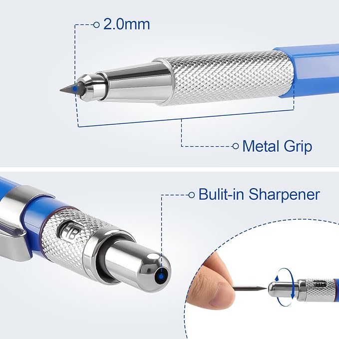 2.0mm Mechanical Pencil Lead Holder with Clip 2.0mm Pencil Metal Mechanical Clutch with Built-in Sharpener Automatic Graphite Lead Pencil for Construction, Draft Drawing, Art Sketching 2PCS