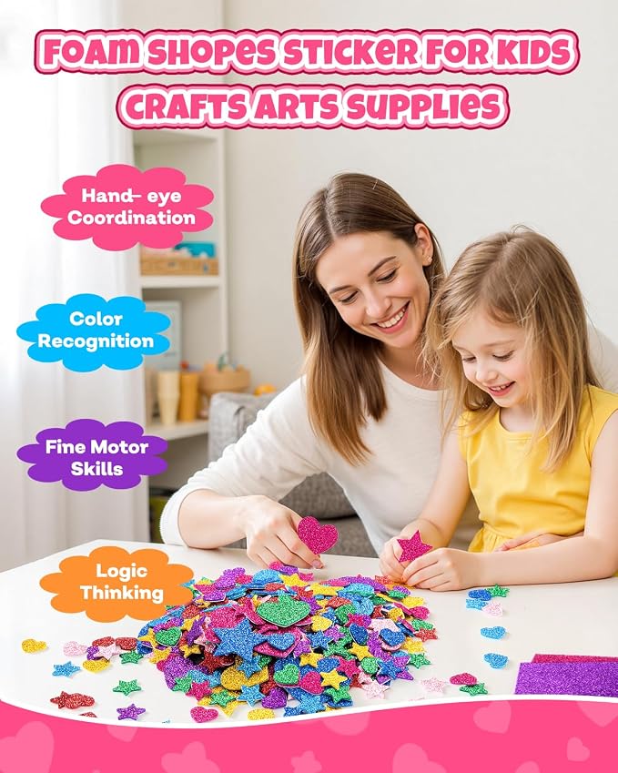 1024PCS Glitter Foam Stickers for Kids - Self-Adhesive Heart & Star Shapes, Sparkle Craft Stickers for DIY Greeting Cards, Scrapbooking, Home Decor, Envelopes & Children's Art Projects