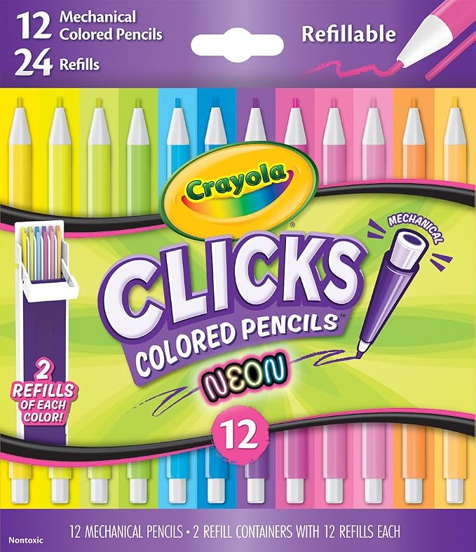 Crayola Clicks 2.0mm Mechanical Colored Pencil Set, 12 Neon Colors, Coloring Pencils for Kids, No Sharpen, 24 Replacement Cores, Ages 5+