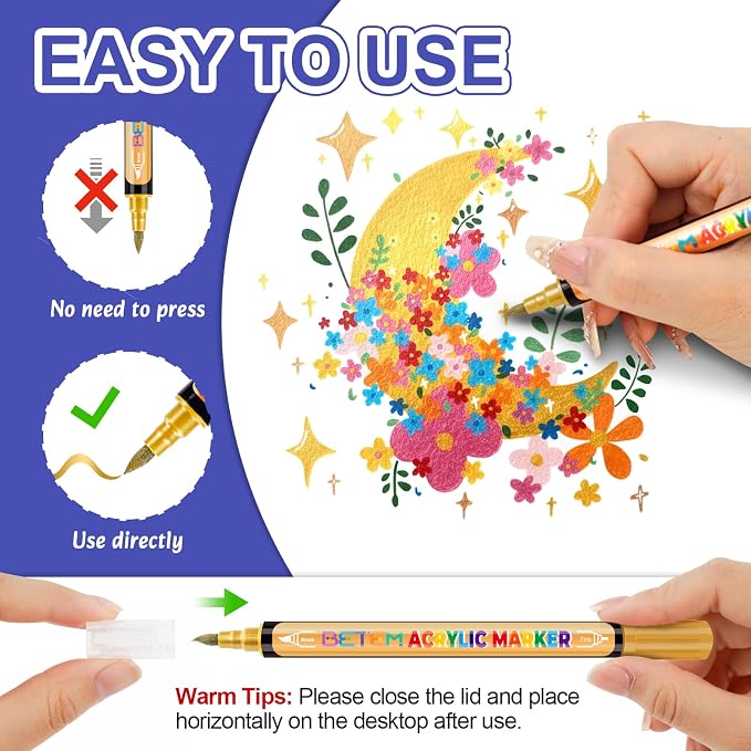 Betem 30 Metallic Paint Markers for Glass, Dual Tip Acrylic Paint Pens | Window, Fabric, Wood, Rock, Canvas, Acrylic Markers with Fine & Brush Tip, Art & Craft Supplies, Wine Glass Markers