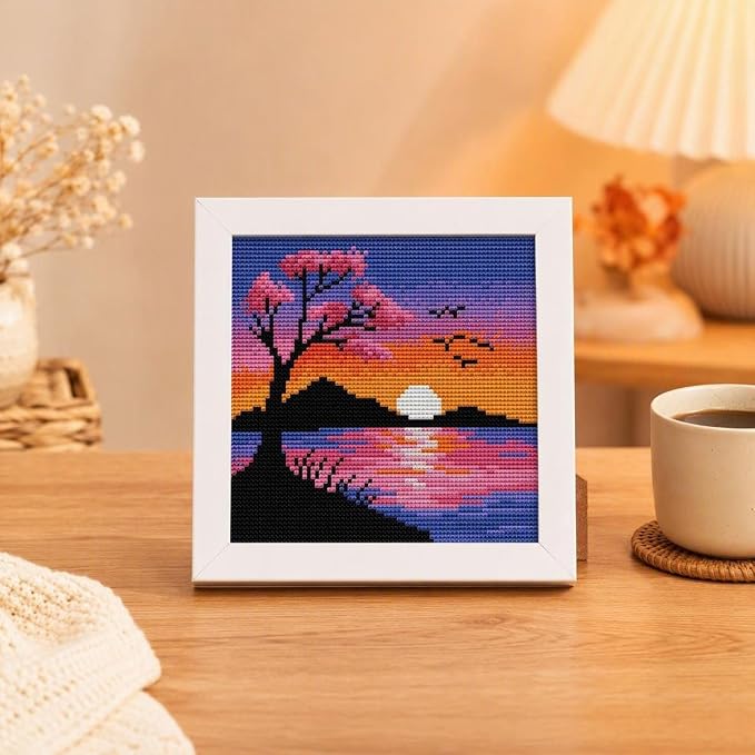 Sunset Landscape Stamped Cross Stitch Kits for Beginners Adults with Framed | Cherry Blossom Needlepoint Counted Cross Stitch Kits for Beginners Adults Embroidery Kits Arts and Crafts 6 x 6 inch
